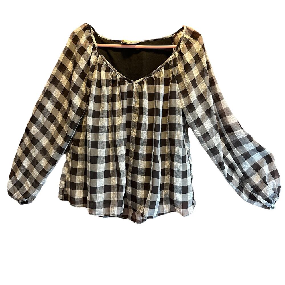 Savanna Jane Women’s S Black White Buffalo Plaid Peasant Boho Blouse Top